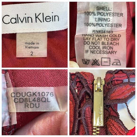 Calvin Klein Rosewood Red Black Floral Lace Cocktail Party Sheath Dress 2 - Picture 11 of 12